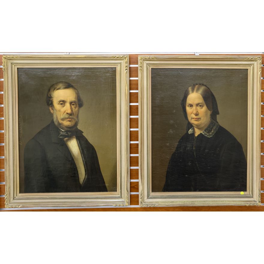 Pair Antique Hungarian Portrait Oil Paintings Framed 34''x28''