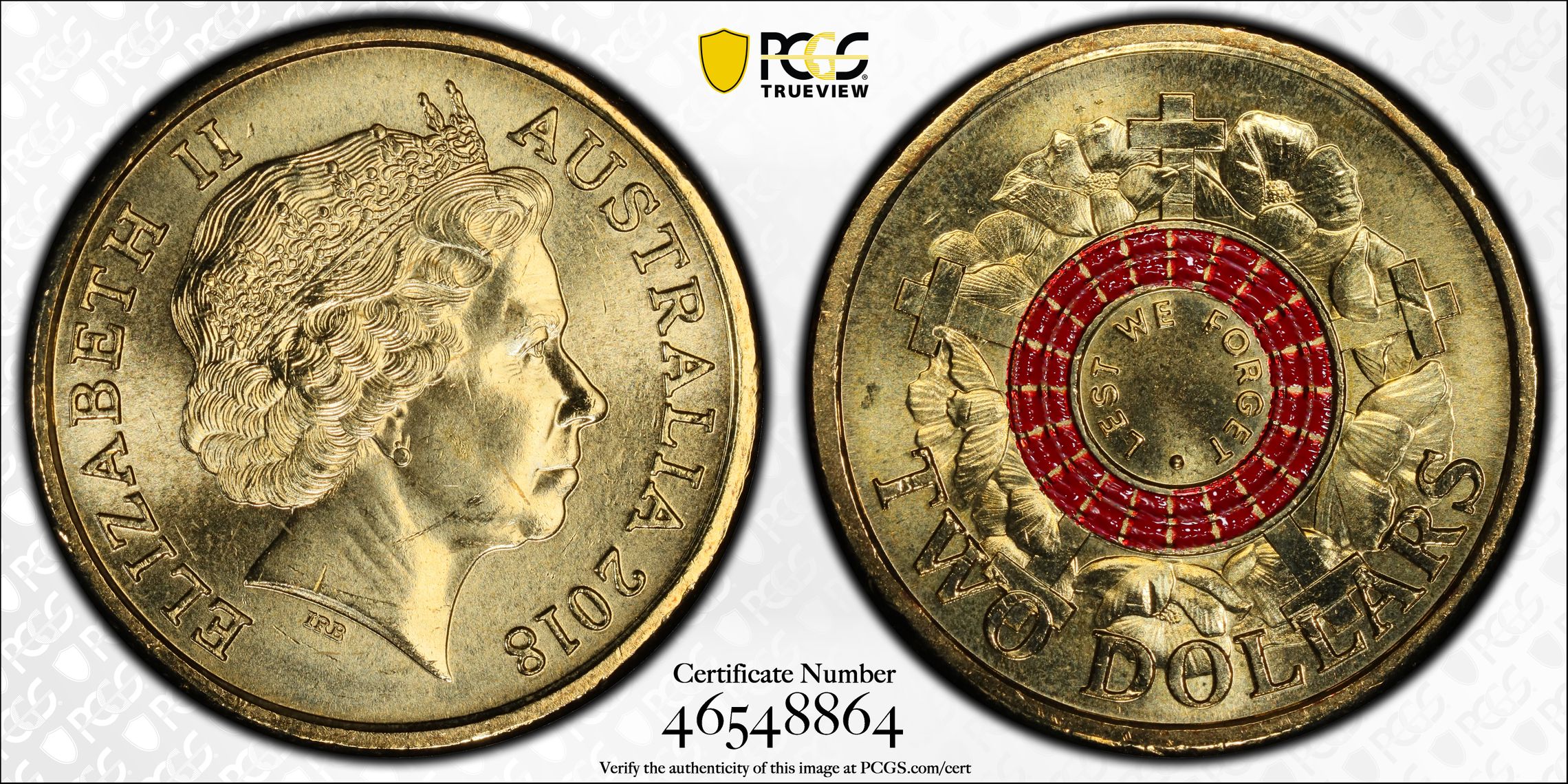 Elizabeth II, Lest We Forget - War Graves 30th Ann. $2 Coin Colorized , Two Dollar, 2018, PCGS MS66