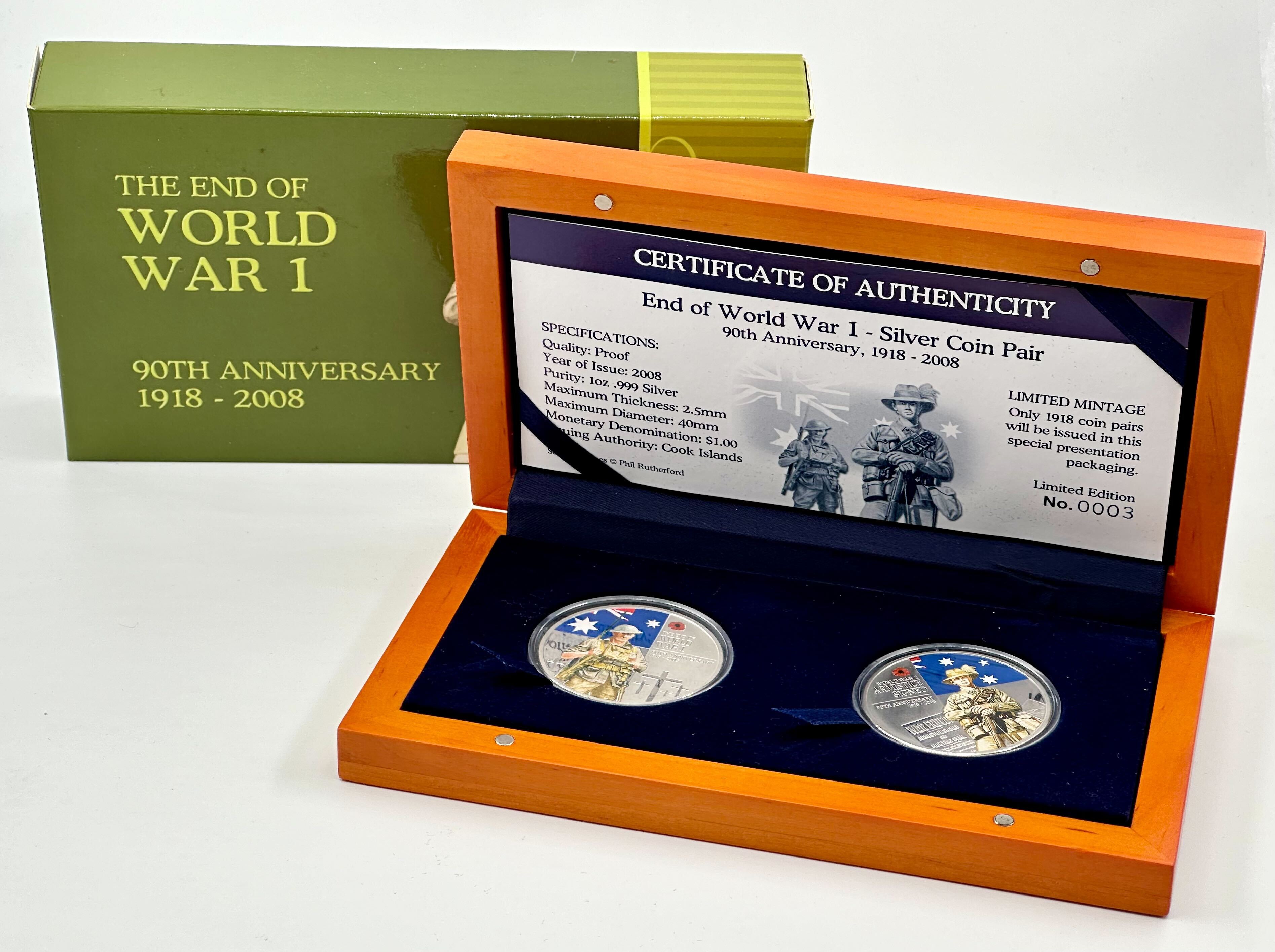 2008 Cook Islands $1 Pair 1oz Coloured Silver Proof Coins - End of WW1
