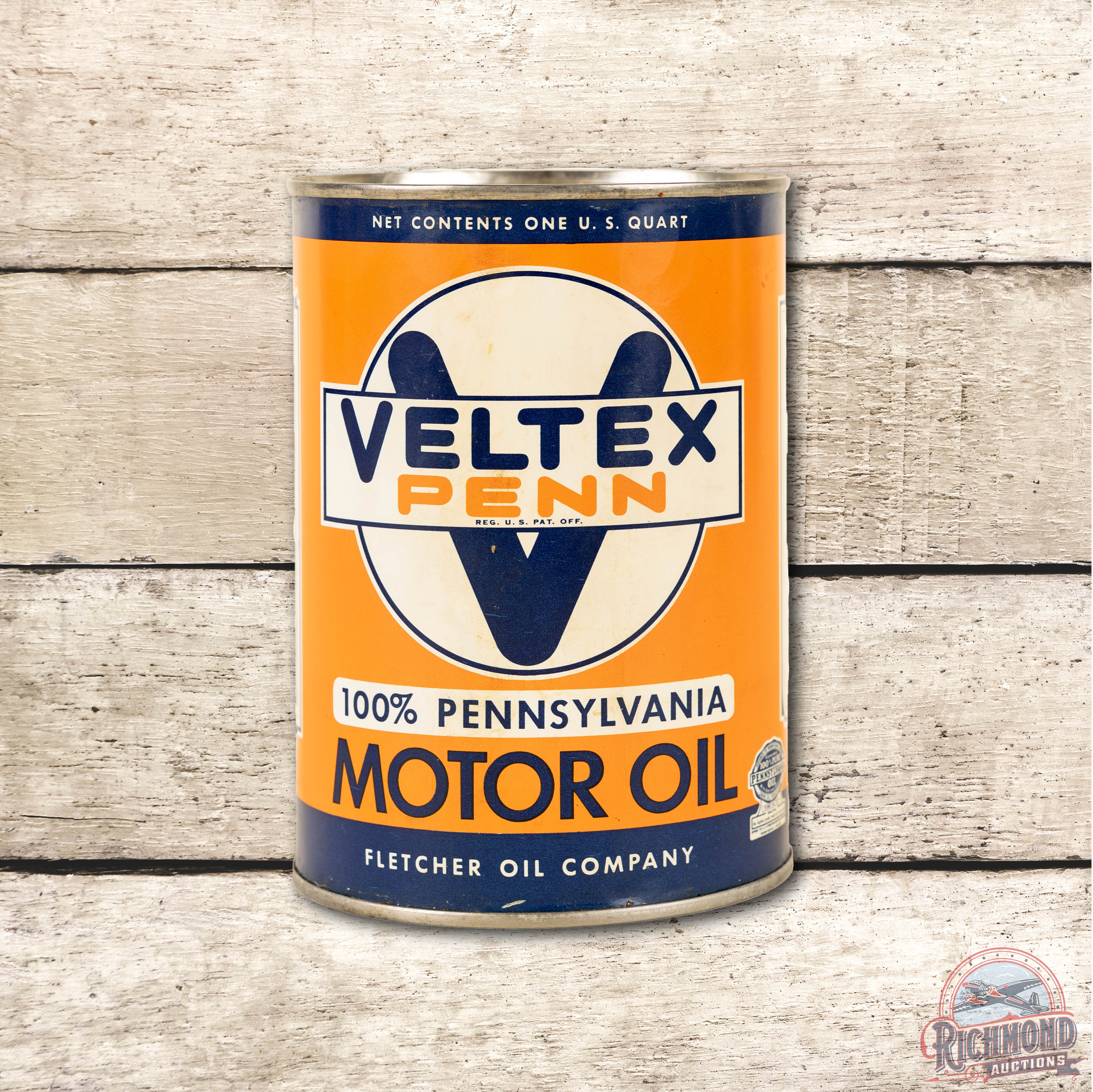 Veltex Penn 100% Pure Pennsylvania Motor Oil Full One Quart Can TAC 8.75