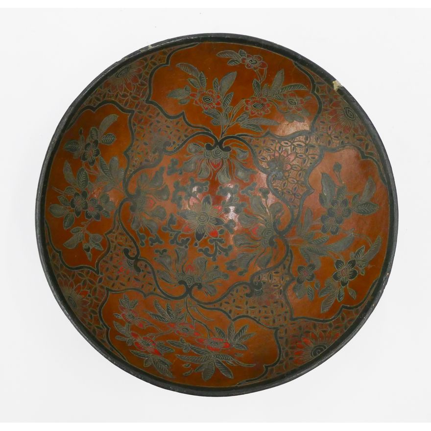 Old Chinese Lacquered Lotus Bowl- 8'' diameter w/ edge chip
