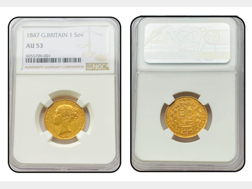 1847 VICTORIA YOUNG HEAD LONDON MINT SHIELD GOLD SOVERIEGN NGC AU53