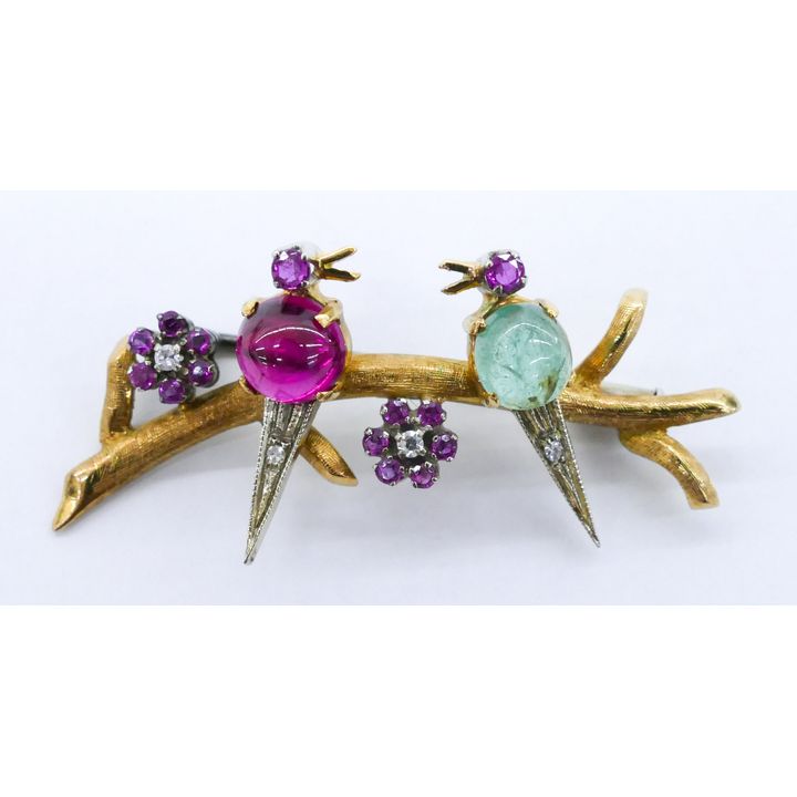 Carl Bucherer 18k Birds on Branch Gemstone Brooch