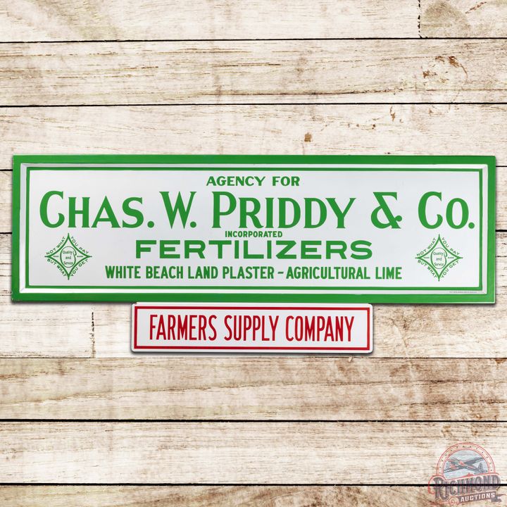 Chas W. Priddy & Co Fertilizers Plaster Lime Farmers Supply 2 Piece SS Porcelain Sign