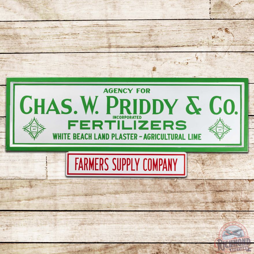 Chas W. Priddy & Co Fertilizers Plaster Lime Farmers Supply 2 Piece SS Porcelain Sign