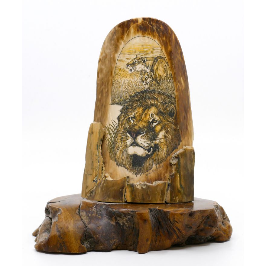 Diana Rice Bonin Scrimshawed Lion Fossilized Tusk Fragment on Stand 7''