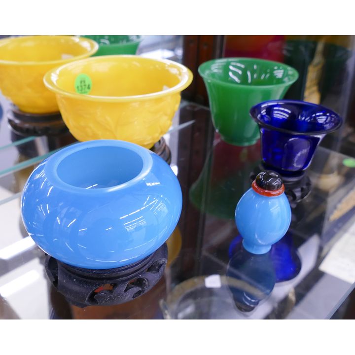 5pc Old Chinese Peking Glass Teabowls, Cups, and Snuff Bottle- largest 4.5'' diameter