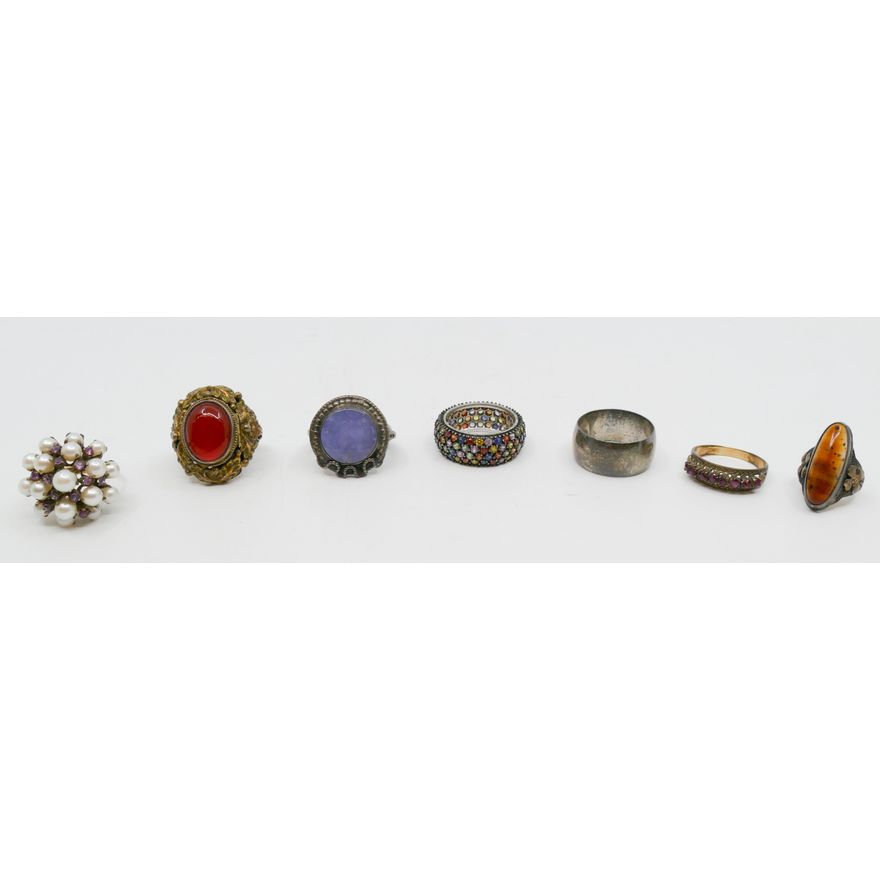 Box 7pc Sterling and Stone Rings - 55 Grams TW
