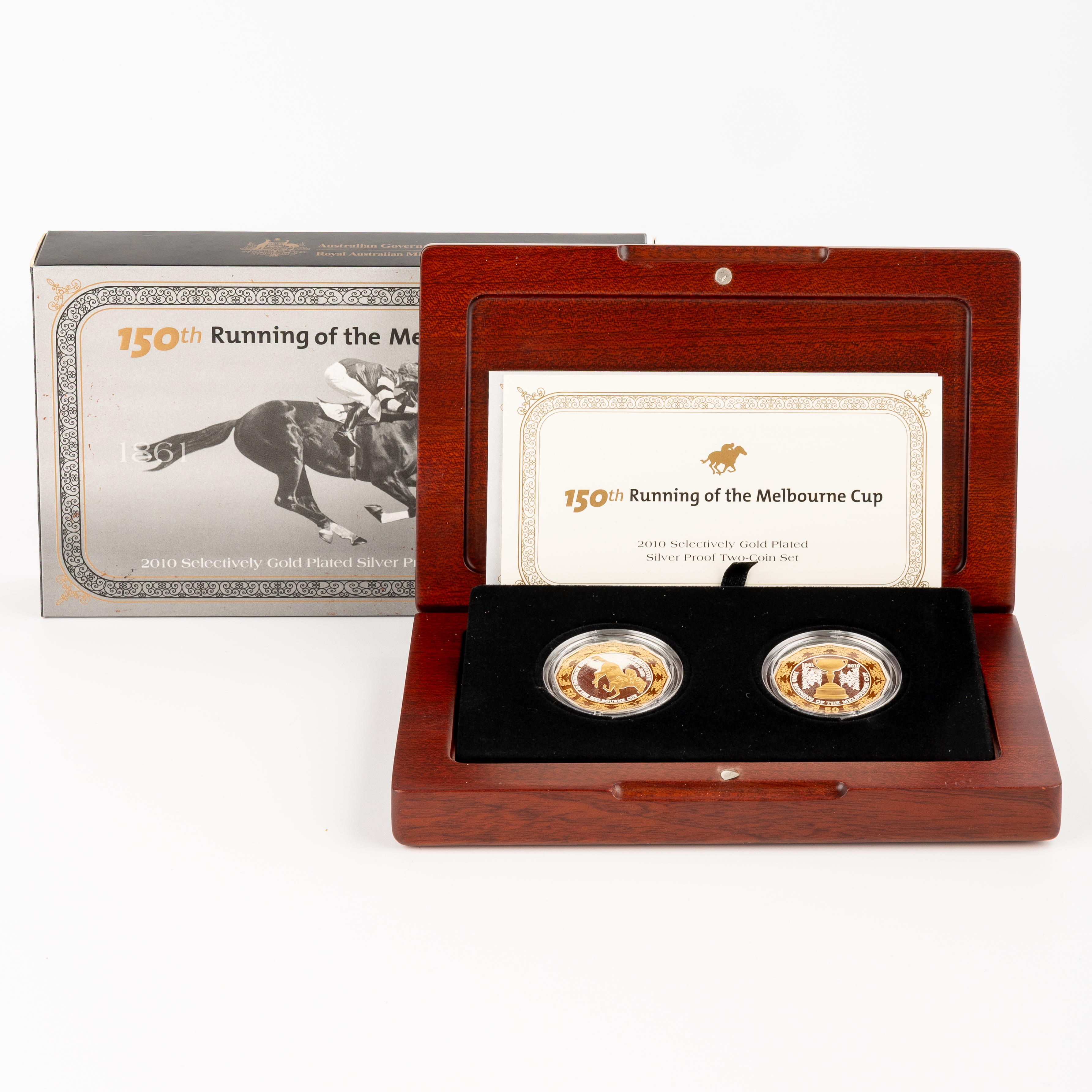 150th Running of the Melbourne Cup Selectively Gold Plated Silver Proof Coin Set, Fifty Cent, 2010, PCGS