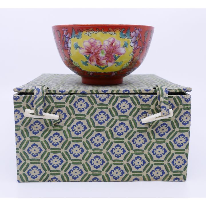 Chinese Guangxu Enameled Teabowl- hairline- 2.25x4.25''