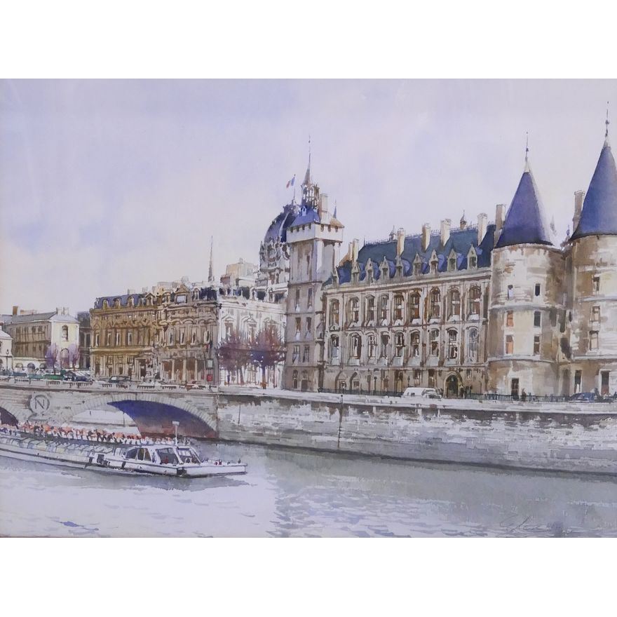 Paris from the Seine Watercolor. Looks to be signed Vaserre.