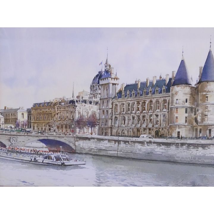 Paris from the Seine Watercolor. Looks to be signed Vaserre.