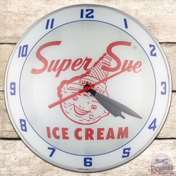 Super Sue Ice Cream 15" Double Bubble Advertising Clock w/ Logo