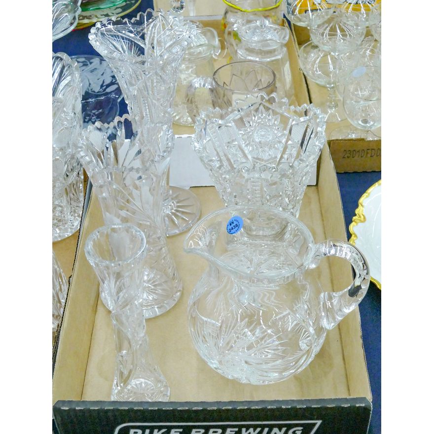 Box 5pc Cut Glass Vases & Pitcher