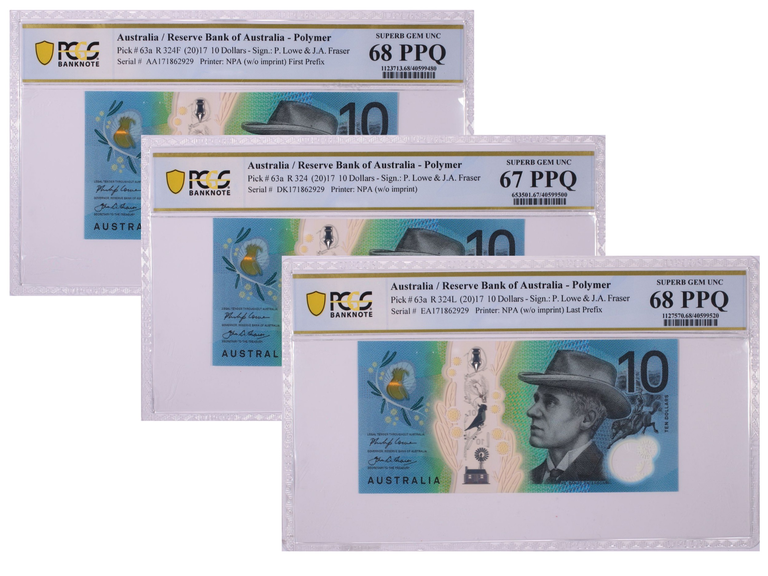2017 $10 Lowe/Fraser Superb Gem Unc 67 PPQ Matching Serial First, General, and Last Prefix Trio