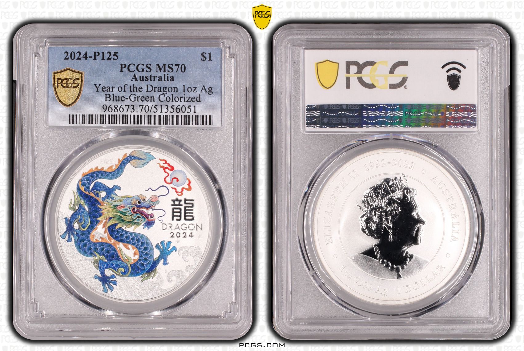 Year of the Dragon Ag Blue-Green Colorized, One Dollar, 2024-P125, PCGS MS70