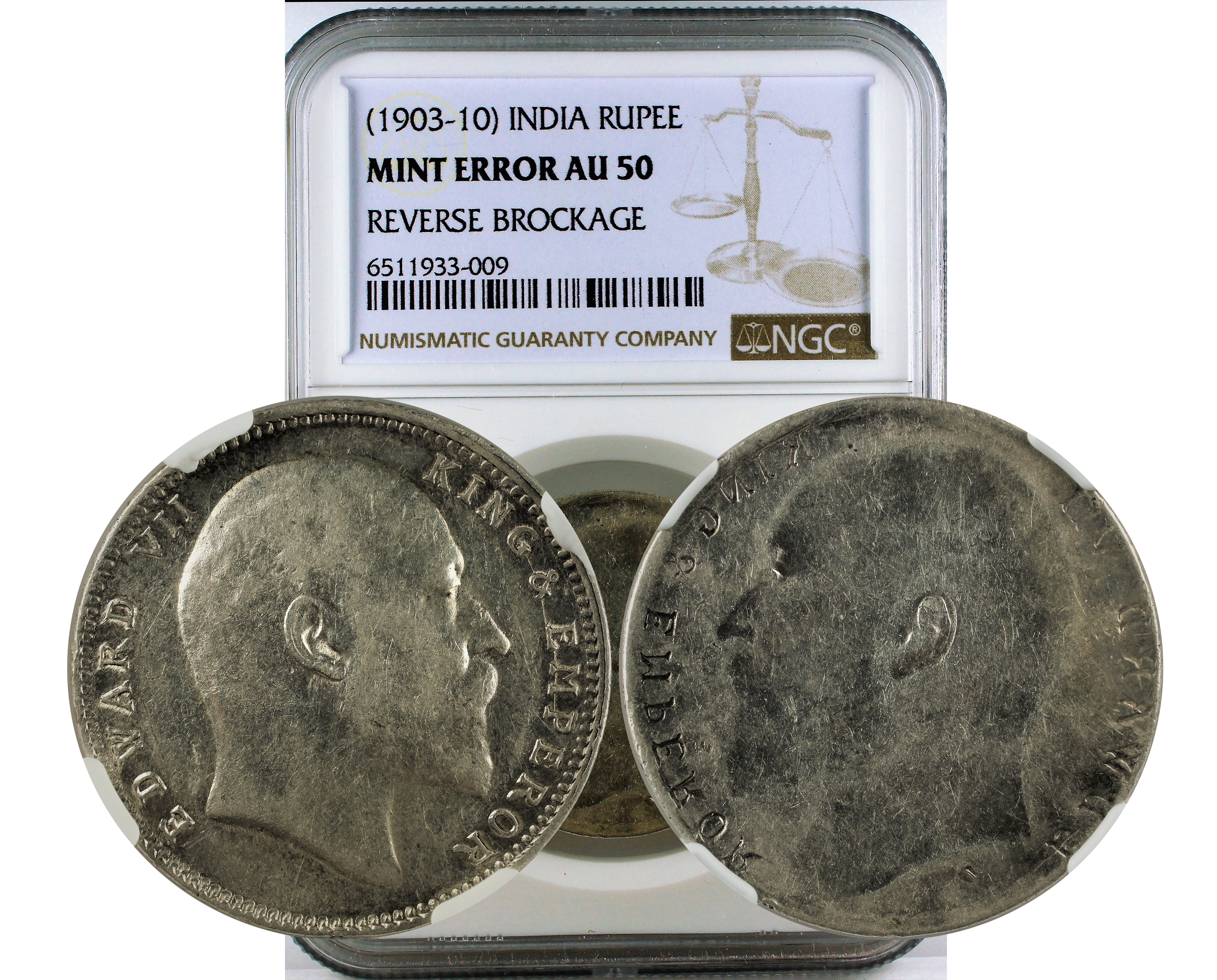 (1903-10) INDIA RUPEE REVERSE BROCKAGE MINT ERROR AU 50