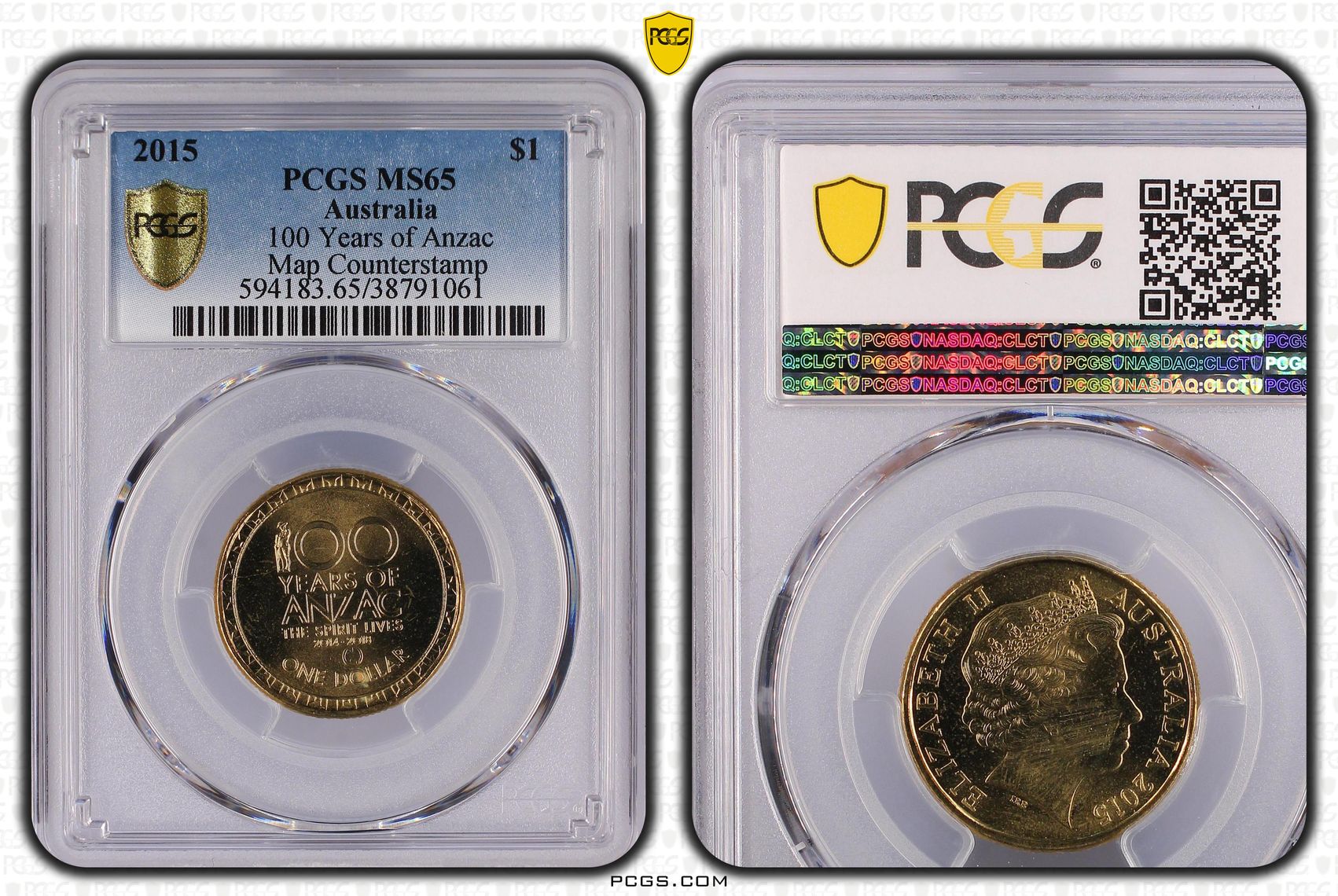 2015 Australia One Dollar, $1 100 Years of Anzac, Map Counterstamp PCGS - MS65 -061