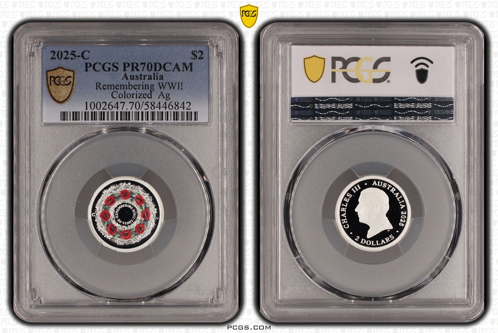 Charles III, Remembering WWII Colourised Silver, Two Dollar, 2025-C, PCGS PR70DCAM