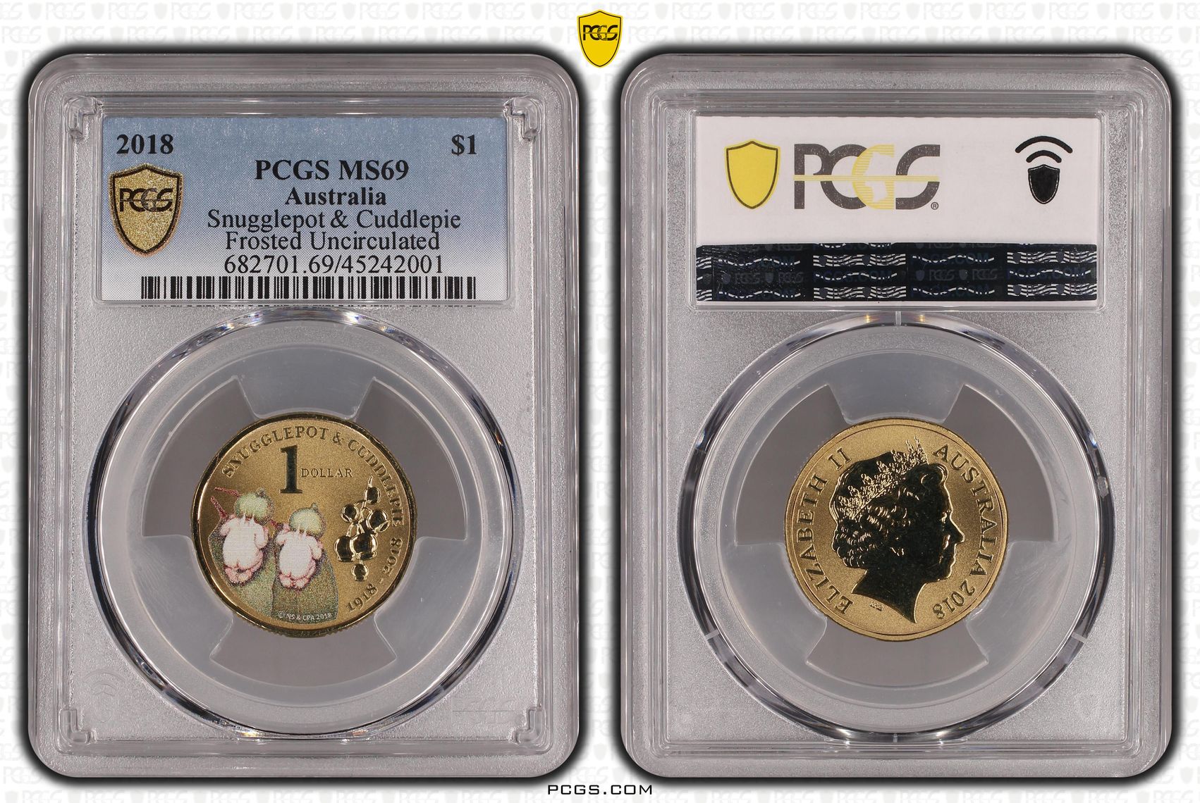 2018 Australia One Dollar, $1 Snugglepot & Cuddlepie - Frosted Uncirculated PCGS - MS69 -001
