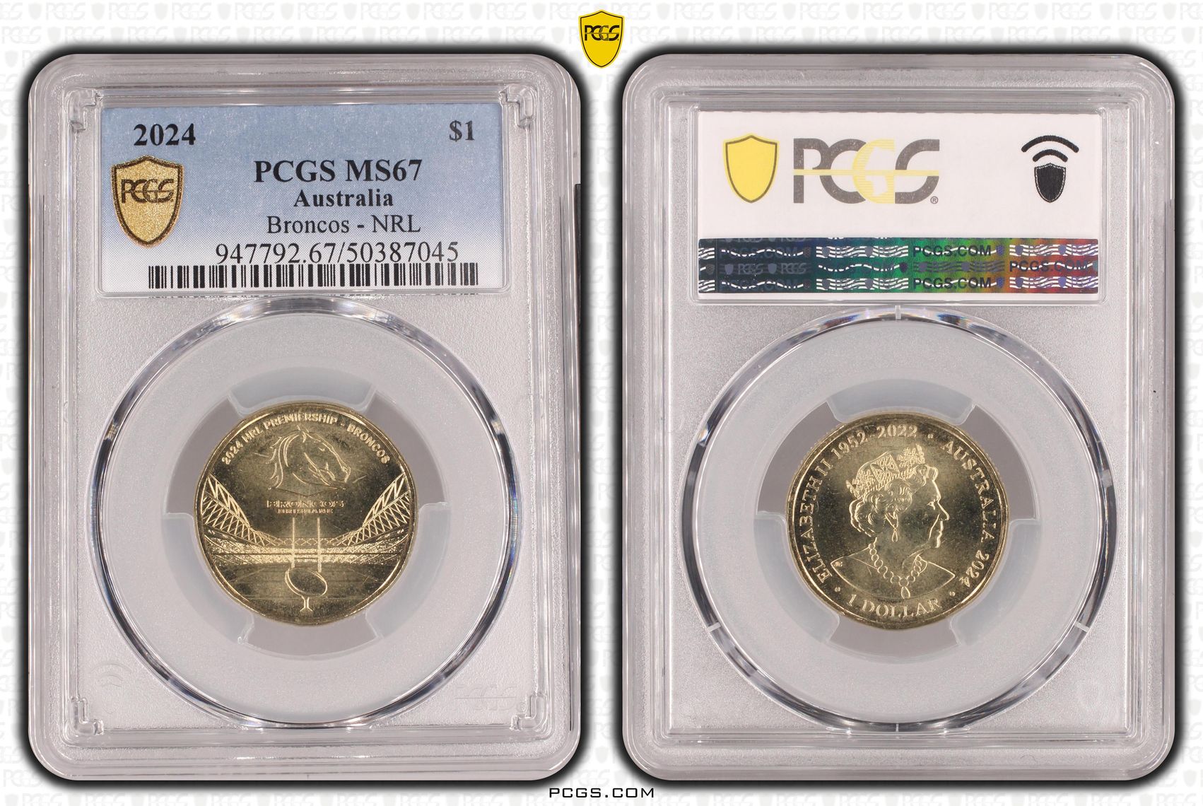 359 · Elizabeth II, Broncos - NRL  POP 4/0, One Dollar, 2024, PCGS MS67