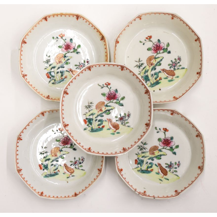 5pc Chinese Porcelain Partridge Dishes