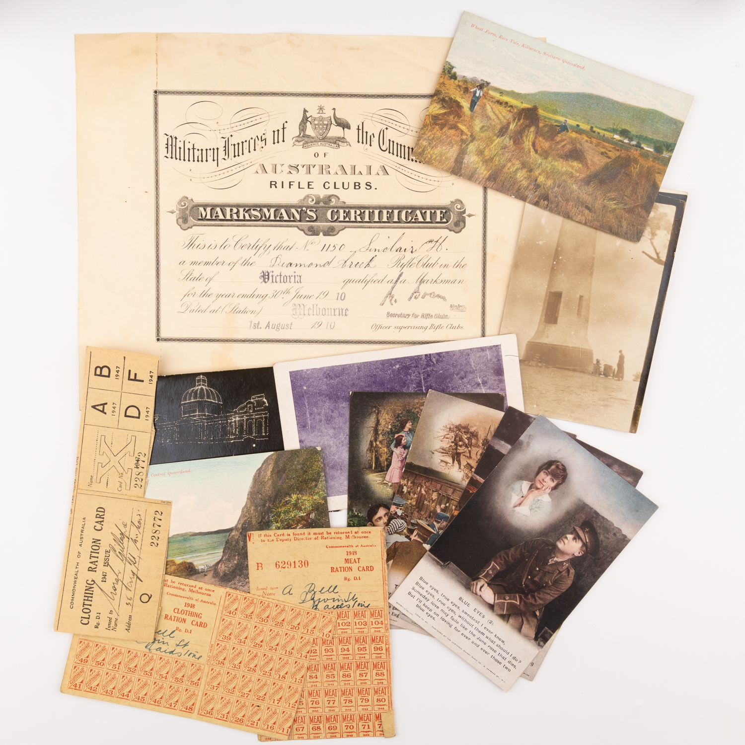 Ration Cards, Postcards & Marksman Certificate, 1906 - 1948, VF - gVF