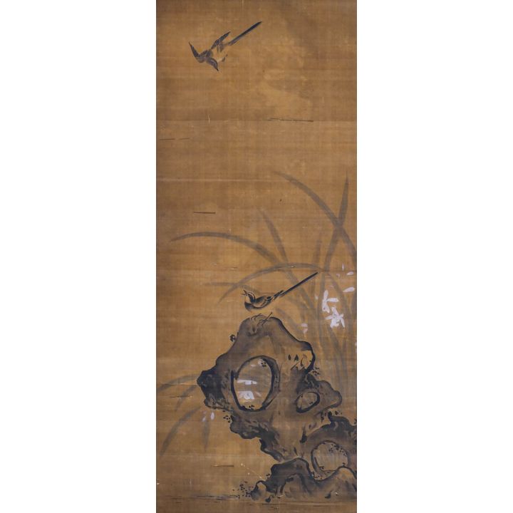 Antique Japanese Sparrows on Rock Painted Scroll