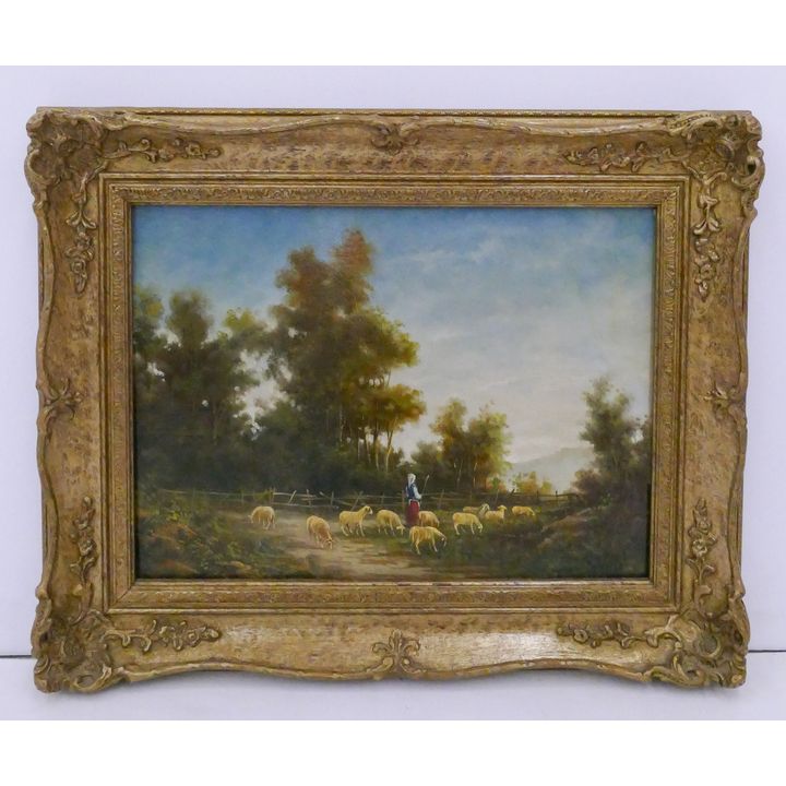 Signed Guidette Shepard Scene Oil on Panel in Ornate Frame- 17x21''