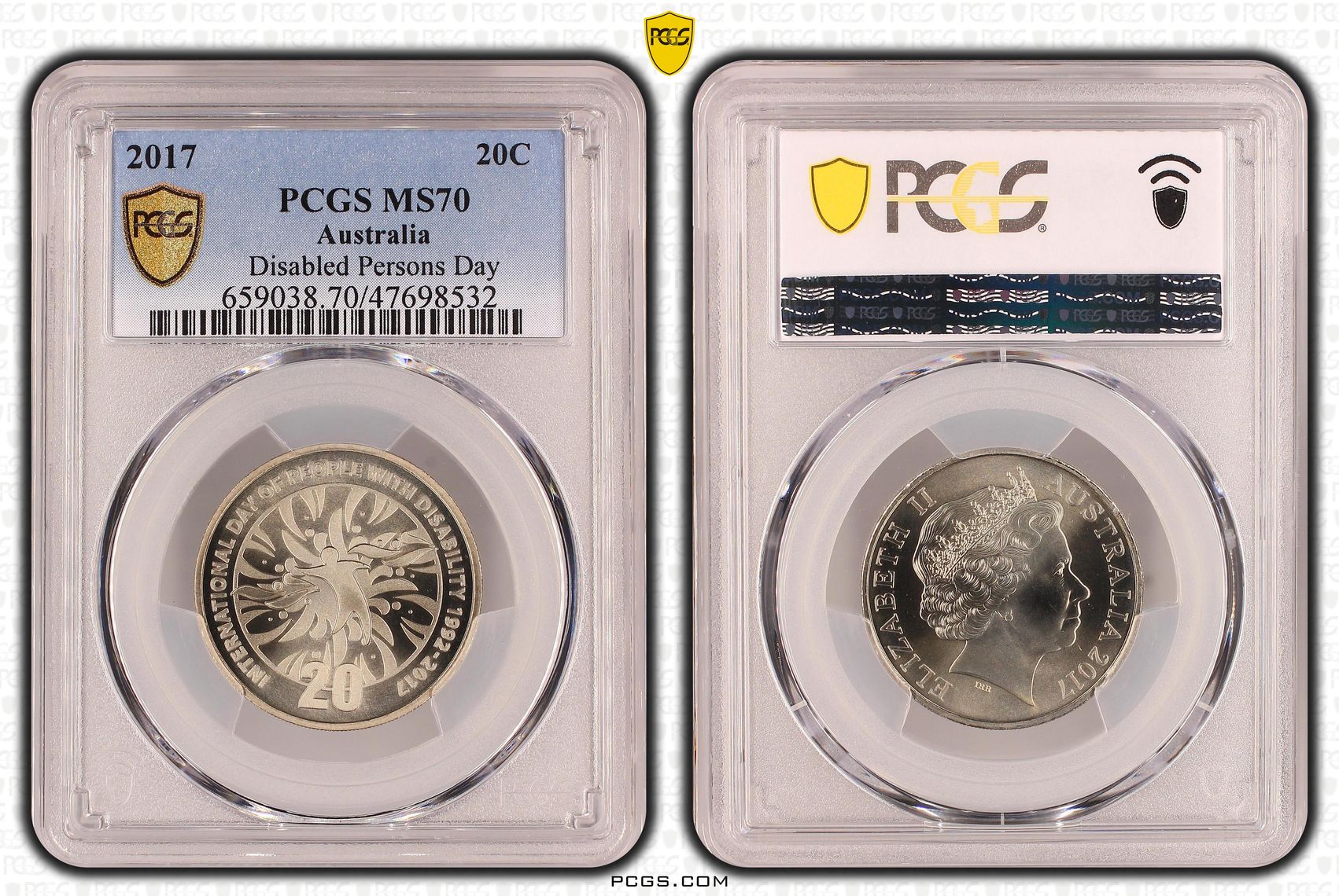 104 · Elizabeth II, Disabled Persons Day, Pop 15/0, Twenty Cent, 2017, PCGS MS70