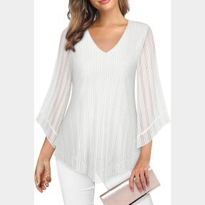 VIRACY WOMENS DRESSY BLOUSE V NECK DOUBLE LAYERS ELASTIC MESH CASUAL FLOWY WORK SHIRTS RUFFLE 3/4 FLARED SLEEVE TUNIC TOPS