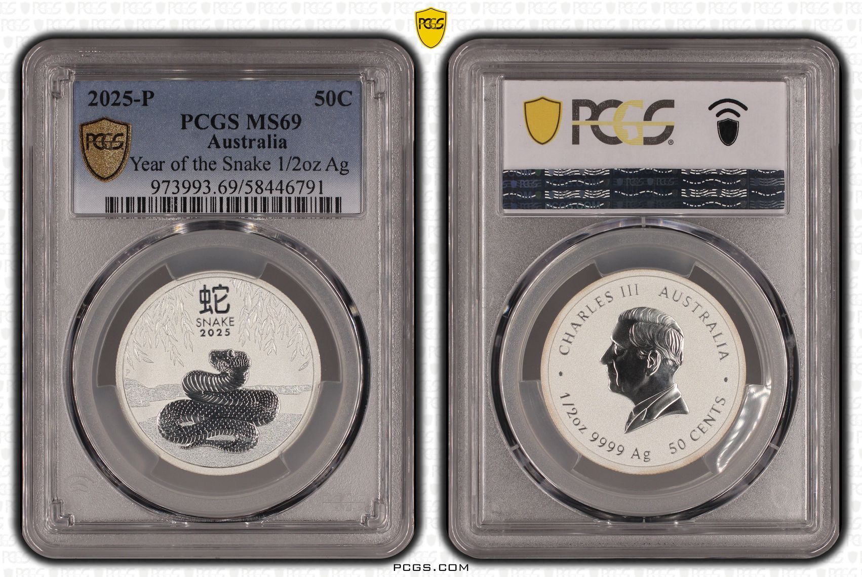 Charles III, Year of the Snake 1/2oz Silver, Fifty Cent, 2025-P, PCGS MS69