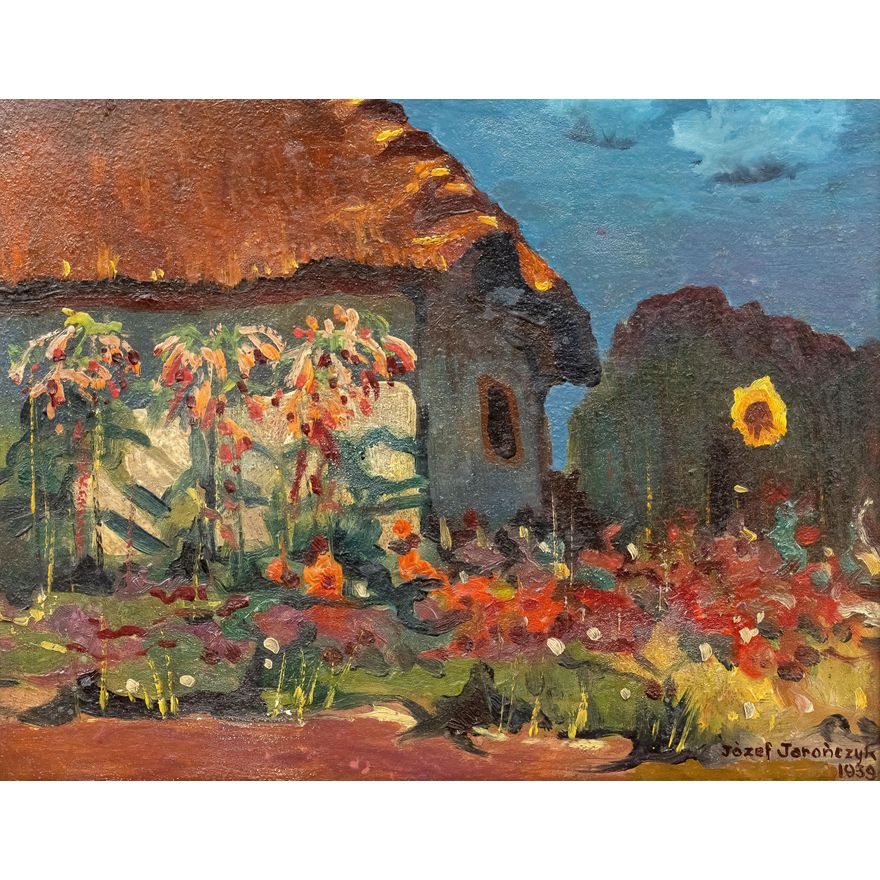 Józef Jarończyk | Pejzaż z chatą i słonecznikiem, 1939 r.