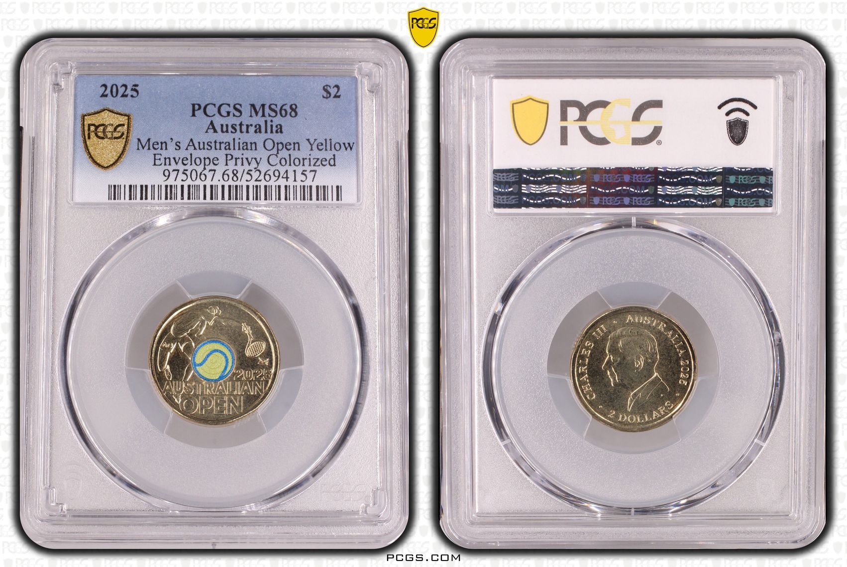 Men's Australian Open Yellow Envelope Privy Colourised, Two Dollar, 2025, PCGS MS68