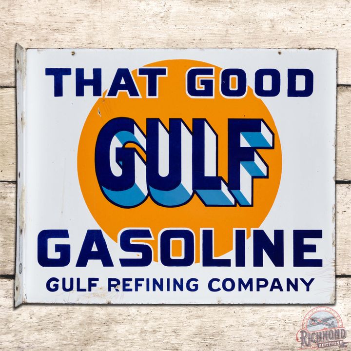 That Good Gulf Gasoline Double Sided Porcelain Flange Sign