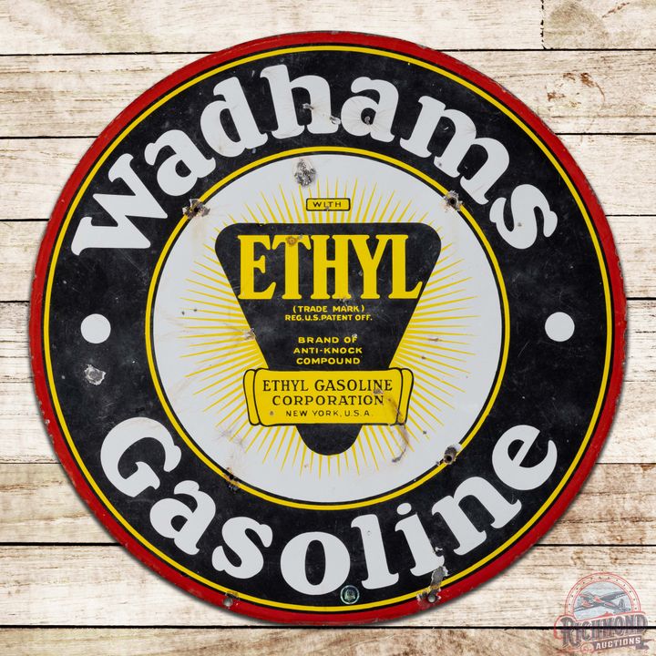 Wadhams Ethyl Gasoline 30" Double Sided Porcelain Sign w/ Logo