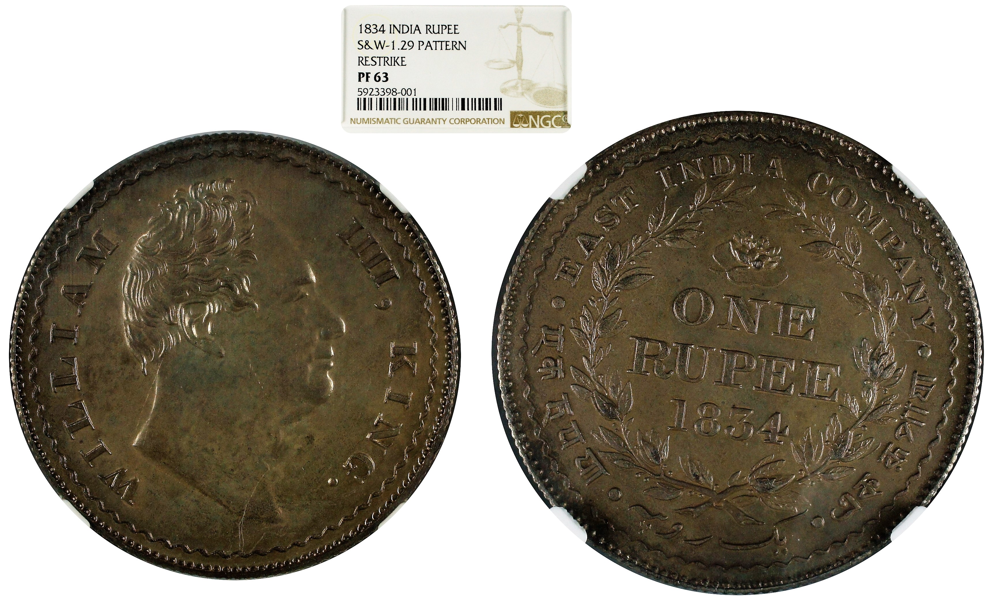 India British 1834 Pattern Rupee S&W-1.29 NGC PF63 Restrike - Looks more like an Early Restrike
