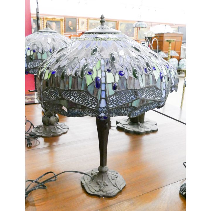 Tiffany Style Dragonfly Jeweled Leaded Glass Table Lamp with Metal Dragonfly Base- 24x17''