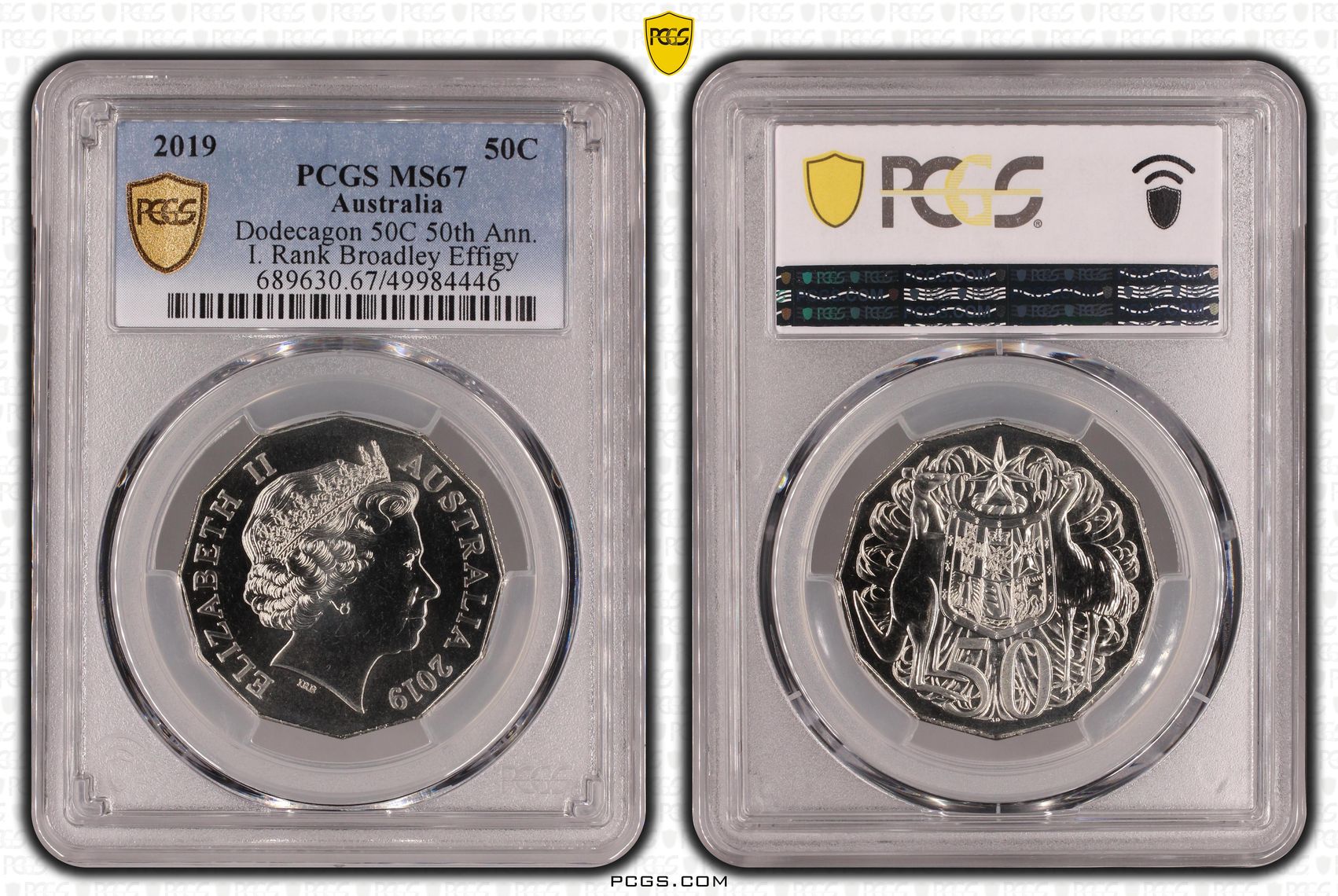 145 · Dodecagon 50C 50th Ann. I. Rank Broadley Effigy , Fifty Cent, 2019, PCGS MS67