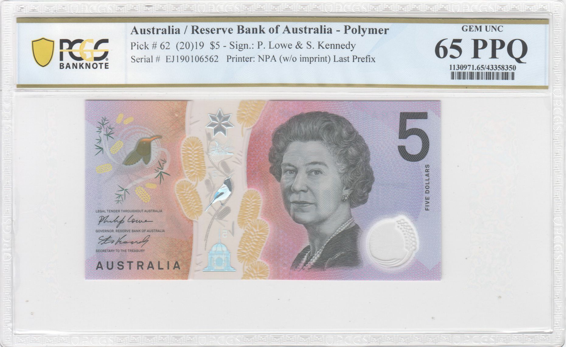 2019 $5 Lowe/Kennedy Gem Unc 65 PPQ Last Prefix