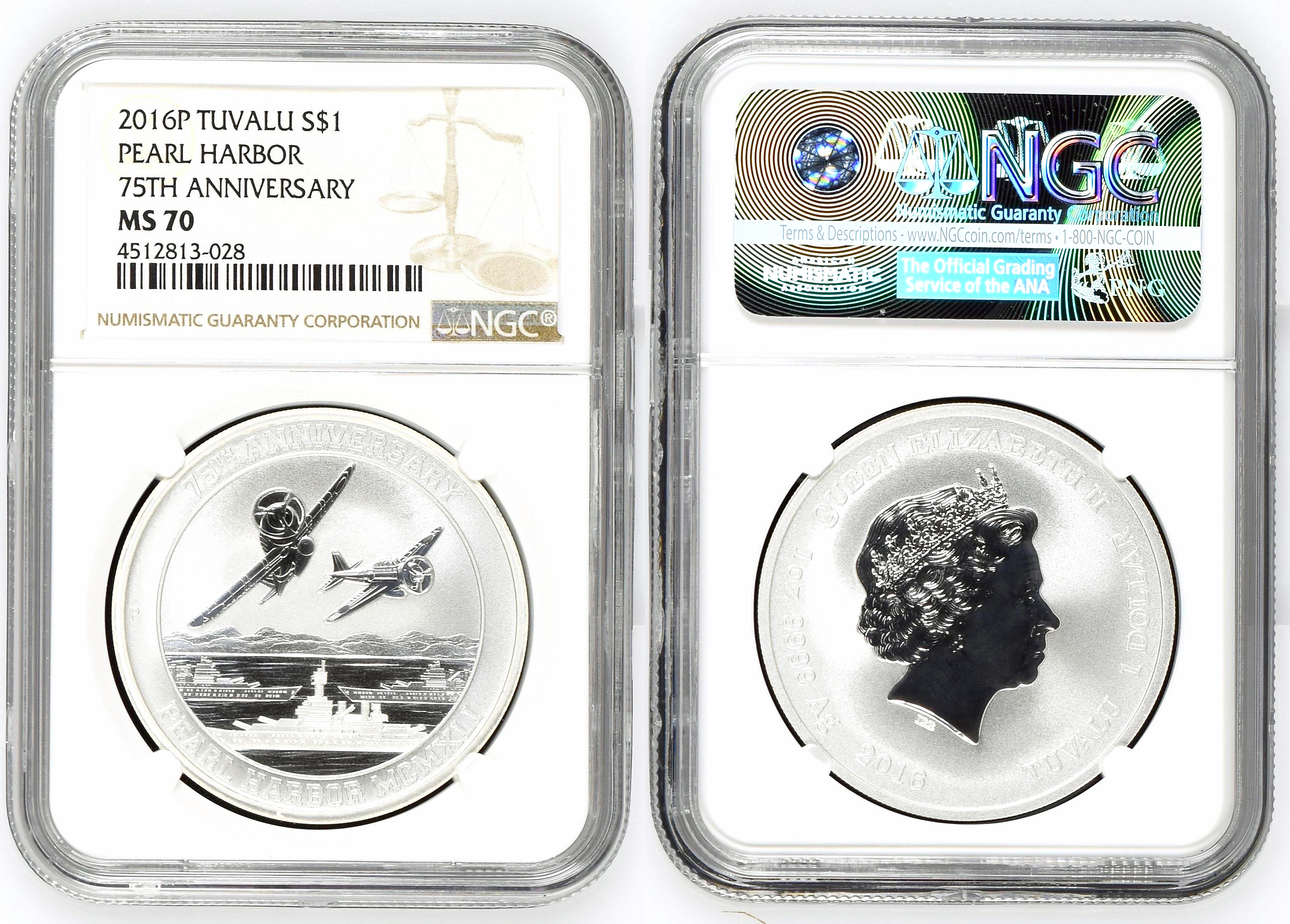 Tuvalu, Pearl Harbor 75th Anniversary, One Dollar, 2016, NGC MS 70