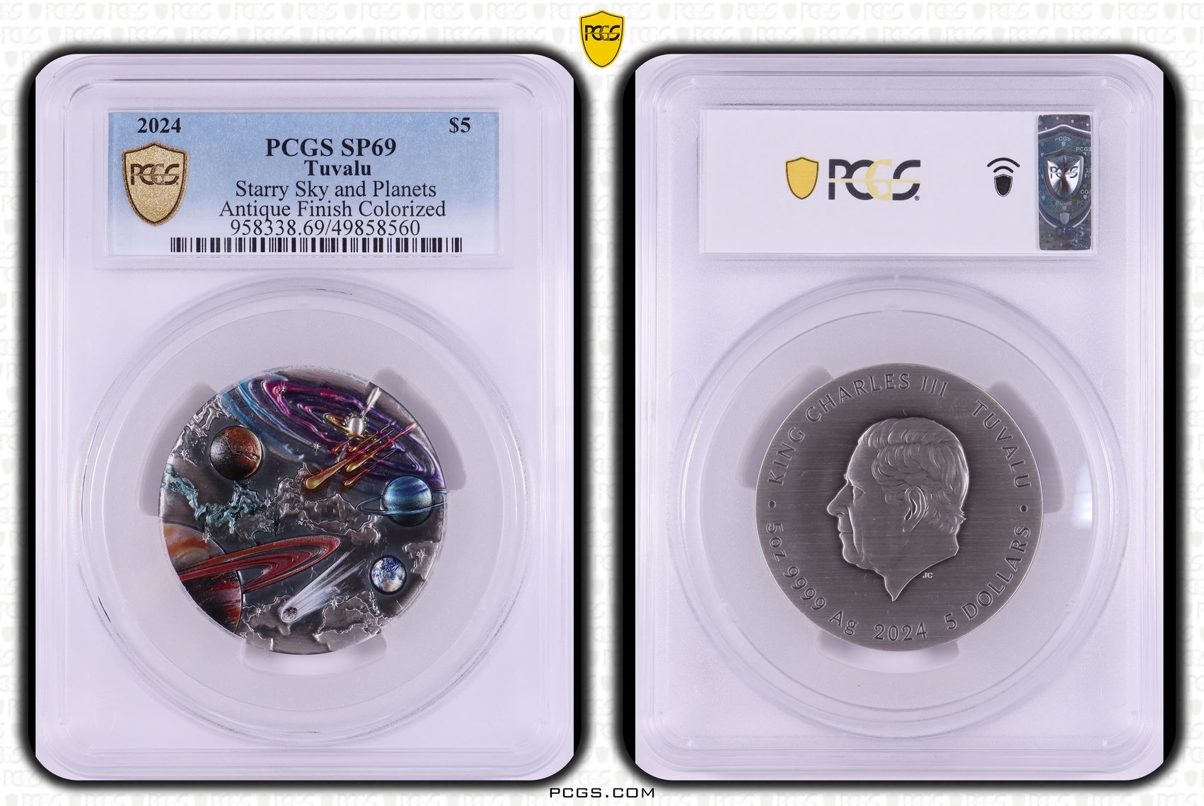 Tuvalu, Starry Sky and Planets Antique Finish Colorized POP 1/0, Five Dollar, 2024, PCGS SP69