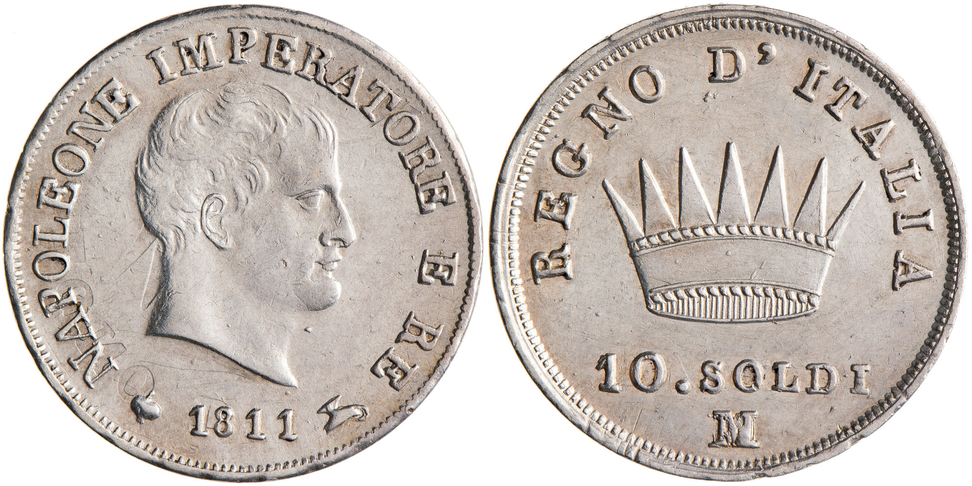 Italian States, Napoleon I, Napoleonic Kingdom, Ten Soldi, 1811-M, EF