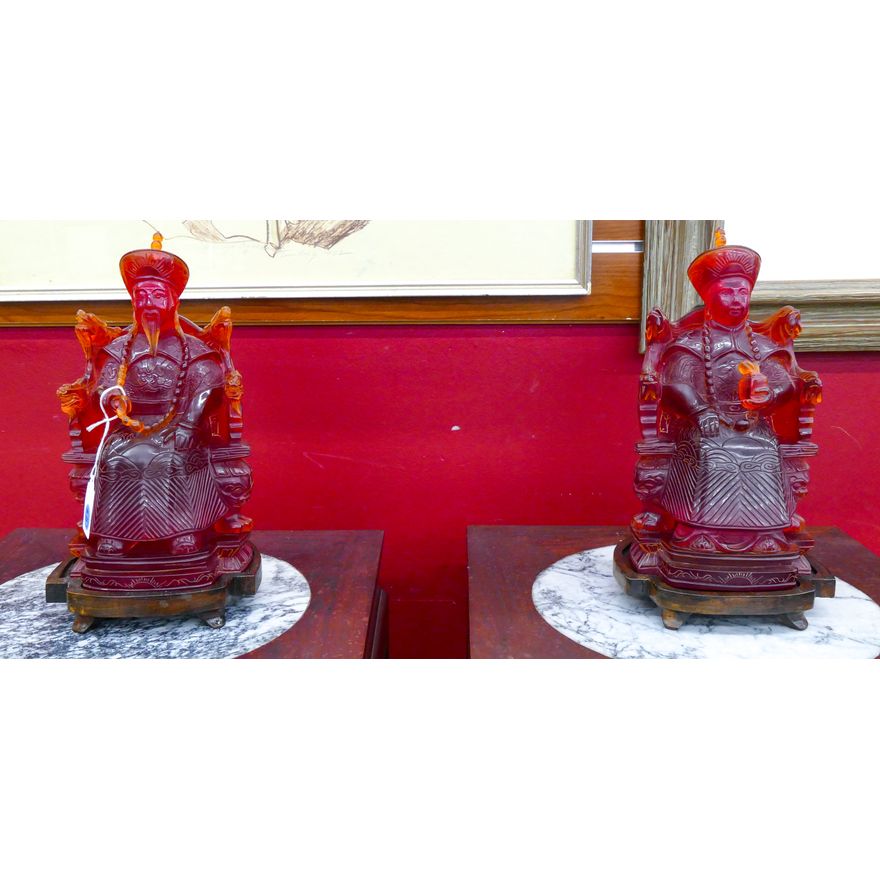 Pair Chinese Seated Emperor & Empress Figures on Stands 11''