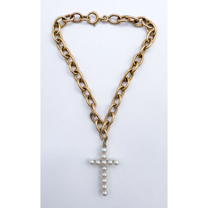 Vintage 14k Chain Link Bracelet with Pearl Cross Charm 13.8 Grams