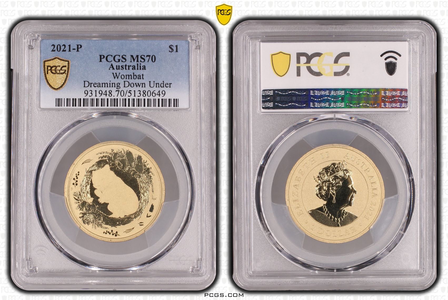 Wombat- Dreaming Down Under, POP 3/0, One Dollar, 2021-P, PCGS MS70