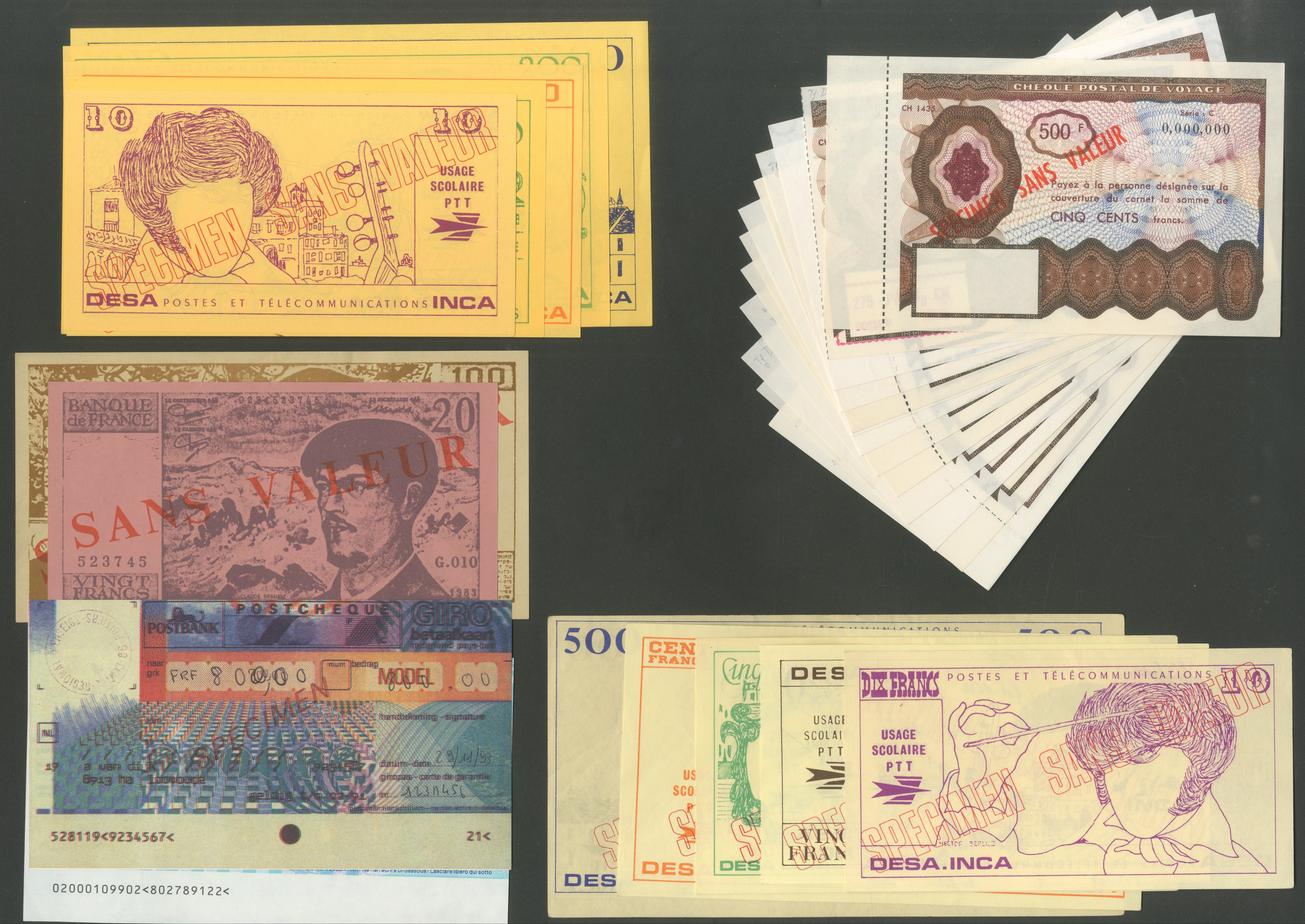 Group of postal and traveller's cheque specimens, [29 notes] France ...