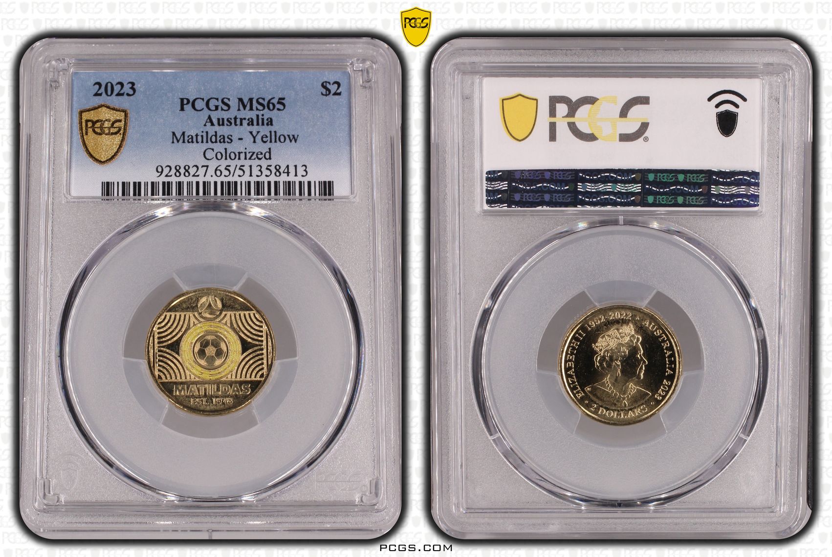 Matildas - Yellow Colorized, Two Dollar, 2023, PCGS MS65