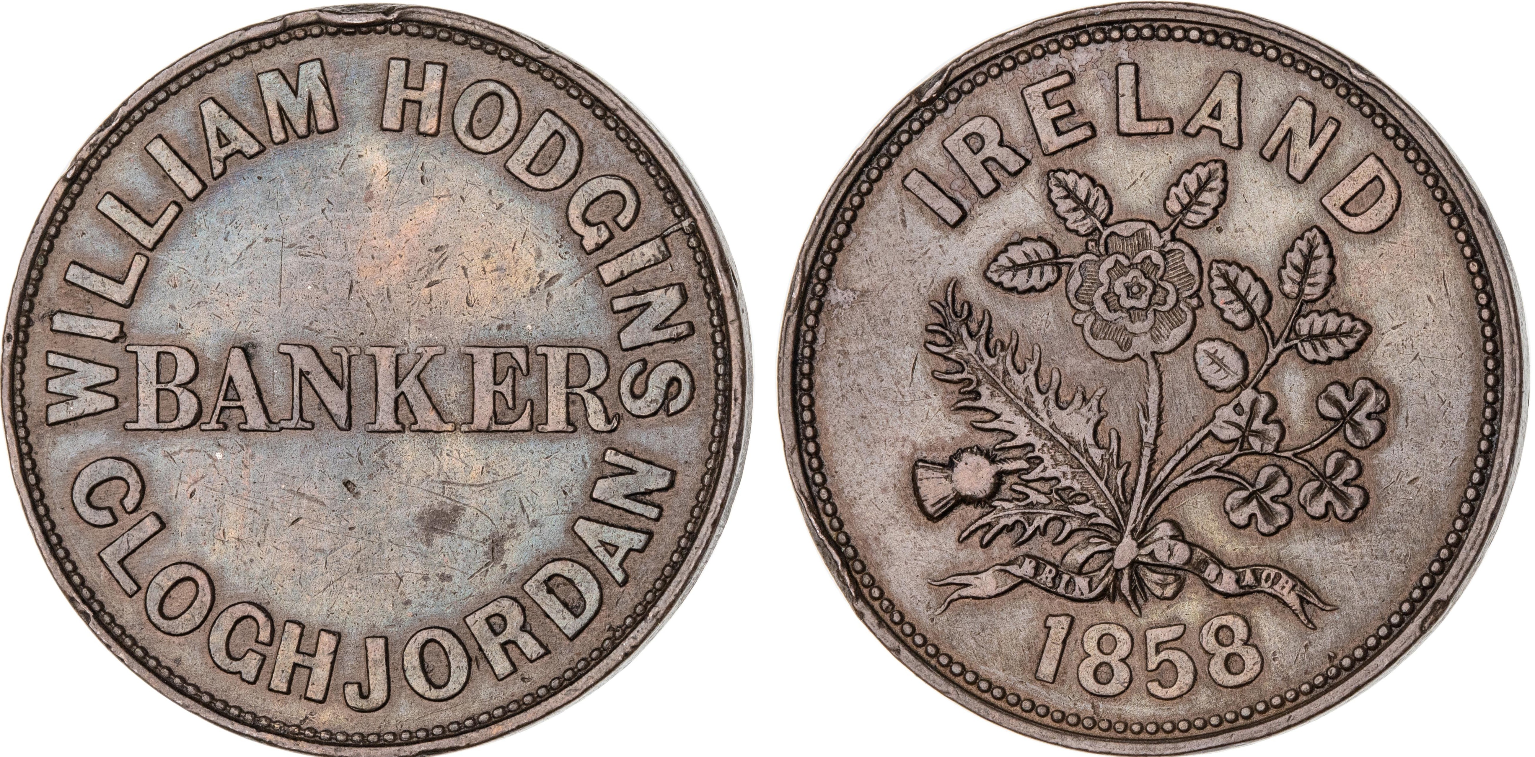 Cloghjordan, Ireland, William Hodgins, Penny, 1858, gVF