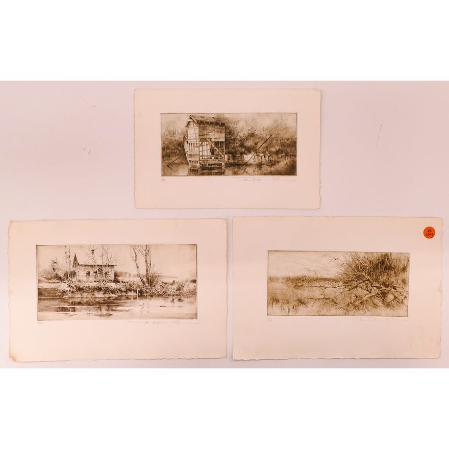 3pc Contemporary Landscape Etchings. Largest Measures 9x13''